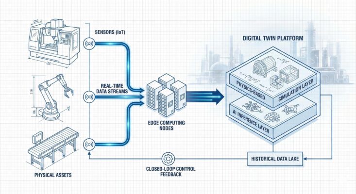 Sơ đồ nguyên lý Digital Twin kết nối hệ thống vật lý với mô hình số